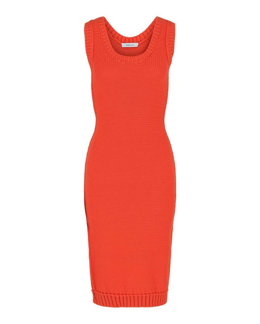 NEW SALVATORE FERRAGAMO women's sleeveless midi ribbed dress in orange
